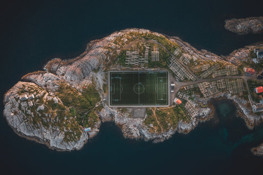 Drone view of Henningsvaer Soccer field in Lofoten, Norway