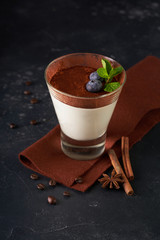 Tiramisu dessert in a glass cup with mint and blueberry on dark rustic background