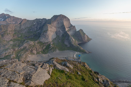 Overlooking Bunes Beach from Helvetestindin in Lofoten, Norway
