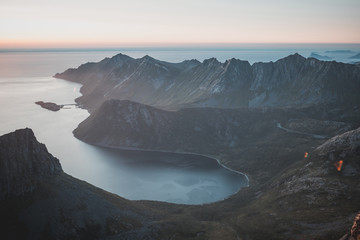 Views of a fjord at sunset in Senja, Norway