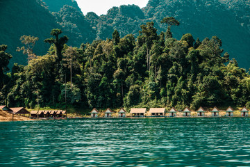 Floating bungalows with beautiful mountain at Khao Sok National Park, Suratthani Province, Thailand