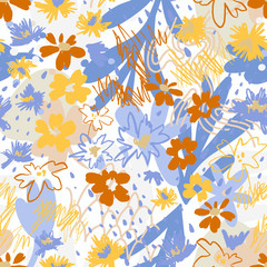 Floral doodle art seamless pattern with different abstract shapes and textures. Cute collage with flowers and plants. Vector. Trendy flat style fashion design for fabric, textile, wrapping, surface.