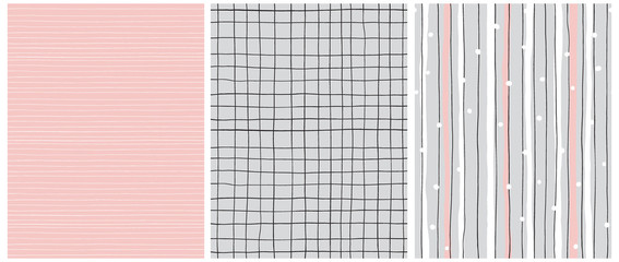 Hand Drawn Childish Style Seamless Vector Patterns. White, Pink and Black Vertical Stripes on a Gray Background. Black Grid On a Gray. White Tiny Lines on a Light Pink Layout. Simple Geometric Prints.