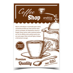 Old Manual Coffee Grinder And Cup Poster Vector. Retro Tool For Grinding Coffee Beans, Mug With Natural Product And Spoon. Antique Machine For Make Arabica Hot Drink Monochrome Template Illustration