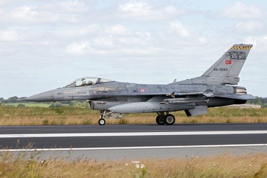 SCHLESWIG-JAGEL, GERMANY - JUN 23, 2014: Turkish Air Force F-16 fighter jet during the NATO Tiger Meet at Schleswig-Jagel airbase. The Tiger Meet is to promote solidarity between NATO air forces