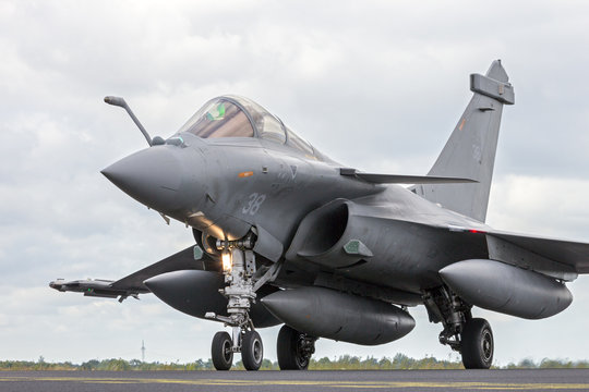 SCHLESWIG-JAGEL, GERMANY - JUN 23, 2014: French Air Force Dassault Rafale during the NATO Tiger Meet at Schleswig-Jagel airbase. The Tiger Meet is to promote solidarity between NATO air forces
