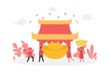 concept of Chinese new year celebration with happy tiny people character holding gold, flat vector illustration for web, landing page, ui, banner, editorial, mobile app and flyer