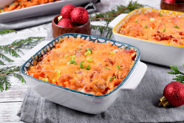 Casserole with sweet potato and cheese in a one portion baking dish