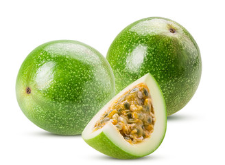 Two green passionfruit and slice