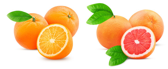 Two fresh orange, grapefruit and one cut in half, with leaf