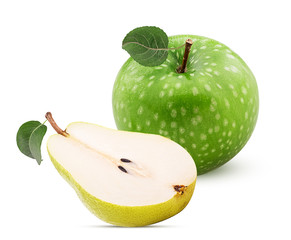 Fresh fruit green apple and yellow pear with leaf