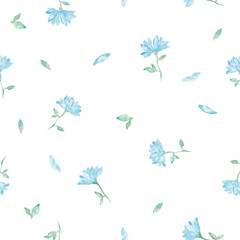 Blue little flowers blossom watercolor painting - hand drawn seamless pattern on white background	