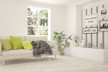 Stylish room in white color with sofa. Scandinavian interior design. 3D illustration