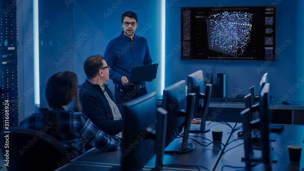 Poster Team of Professional IT Developers Have a Meeting, Speaker Talks about New Blockchain Based Software Development Shown on TV. Concept: Software Development, Deep Learning, Artificial Intelligence