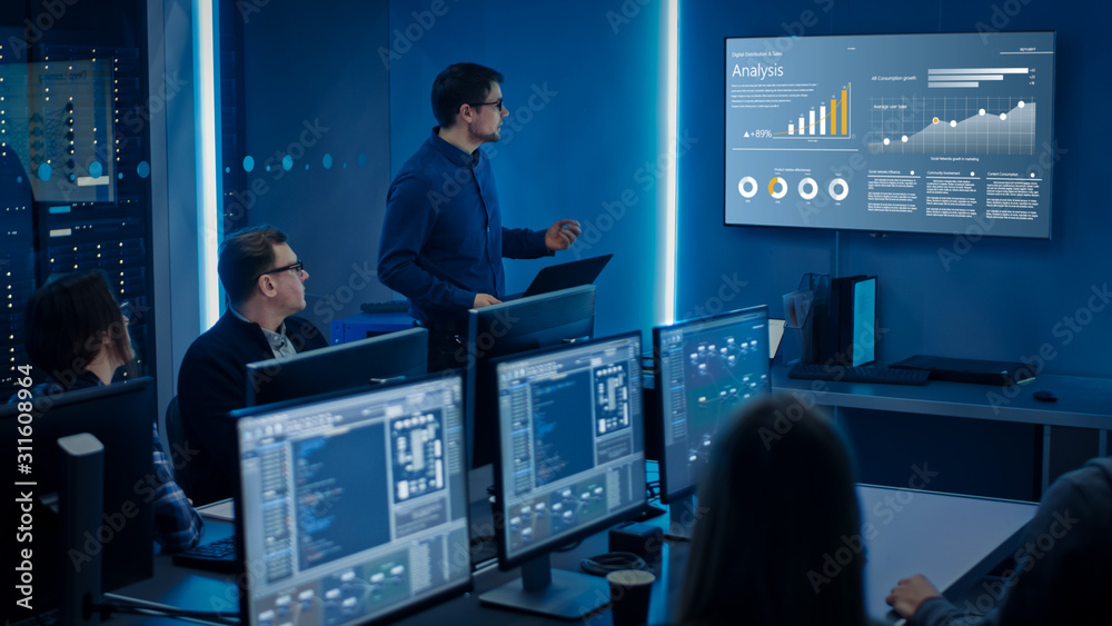 Poster Team of Professional IT Developers Have a Meeting, Speaker Shows Growth Data with Graphs, Charts, Software UI. Shown on TV. Concept: Software UI Development, Deep Learning, Graphs, Charts.