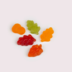 colorful bright marmalade has the shape of a variety of leaves, located on a white background