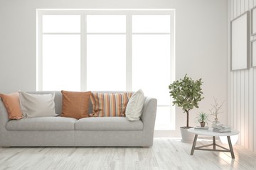 Stylish room in white color with sofa. Scandinavian interior design. 3D illustration
