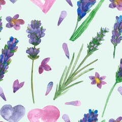 Watercolor hand painted nature floral seamless pattern with purple lavender flowers, green leaves and branches, pink petals and hearts isolated on the light green background, trendy provence print