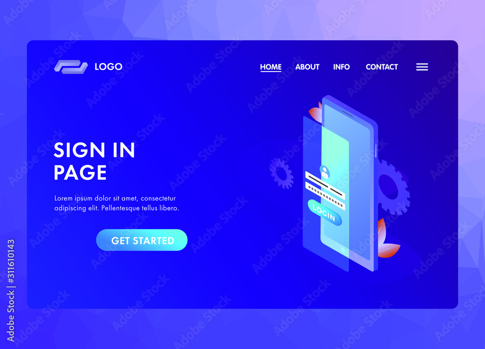 Poster sign in login form concept. ui/ux material web design template with smartphone login screen window a