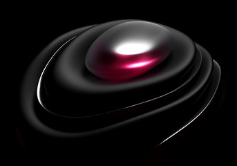 3d render of abstract art piece of ball in organic curve round wavy smooth and soft bio forms in black matte rubber material with glass elements in white and red color in the dark