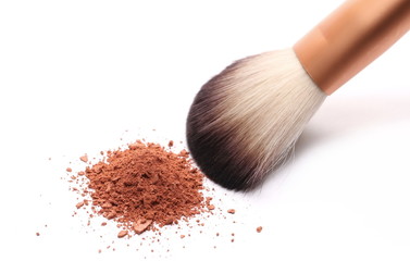Face powder, makeup with brush isolated on white background