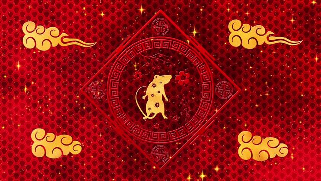 Red Chinese New Year background with gold, rat, fireworks, 3D rendering loop 4k. Magical Happy new year animation.
