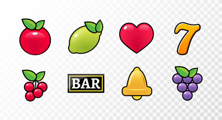 Casino slot machine icon symbol vector fruit cherry jackpot seven bell game lemon