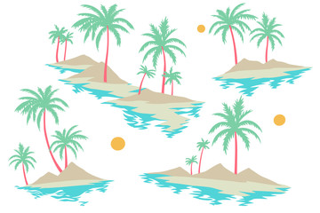 Fototapeta na wymiar Tropical islands set with palm trees, sand and water isolated on white. Trendy flat design. Summer holidays illustration.