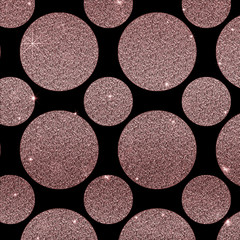 Rose gold glitter polka dot on black seamless pattern