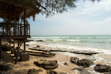 Rocky resort beach during off-season. Sunny relax day. Koh Lanta island. Thailand