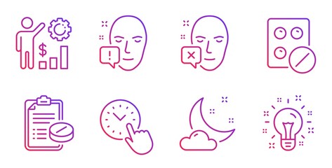 Night weather, Medical prescription and Time management line icons set. Medical tablet, Face declined and Employees wealth signs. Face attention, Idea symbols. Sleep, Medicine drugs. Vector
