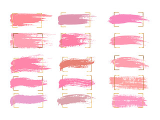 Set of pastel brush strokes and spots on a white background. Rose gold paint brush. Vector