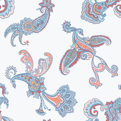Paisley animal background. Seamless pattern with fantasy birds isolated on white. Firebirds in Paisley style. Folk Oriental motif.