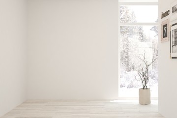 Mock up of empty room in white color with winter landscape in window. Scandinavian interior design. 3D illustration