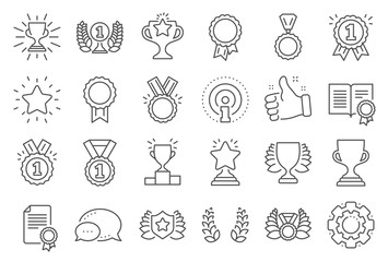 Award line icons. Set of Winner medal, Victory cup and Laurel wreath award icons. Reward, Certificate and Diploma message. Glory shield, Prize winner, rank star, diploma certificate. Vector