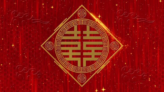 Lunar New Year, Spring Festival background with Double Happiness, simbol, clouds, glittering stars. Chinese new year red paper backdrop for event. 3D rendering animation. Seamless loop 4k video
