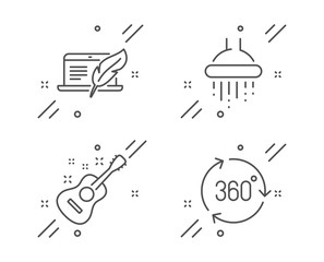 Shower, Guitar and Copyright laptop line icons set. 360 degree sign. Bathroom, Acoustic instrument, Writer device. Virtual reality. Line shower outline icon. Vector
