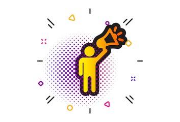 Holding megaphone sign. Halftone circles pattern. Brand ambassador icon. Advertisement device symbol. Classic flat brand ambassador icon. Vector