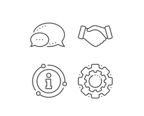 Handshake line icon. Chat bubble, info sign elements. Hand gesture sign. Business deal palm symbol. Linear handshake outline icon. Information bubble. Vector