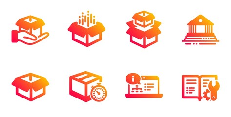 Delivery timer, Open box and Packing boxes line icons set. Online documentation, Court building and Hold box signs. Engineering documentation symbol. Express logistics, Delivery package. Vector