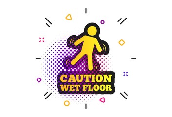 Caution wet floor sign icon. Halftone dots pattern. Human falling symbol. Classic flat slippery icon. Vector