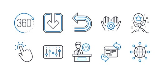 Set of Technology icons, such as Presentation time, Loyalty points, Touchpoint, Refresh website, 360 degrees, Dj controller, Employee hand, Load document, Undo, International globe. Vector