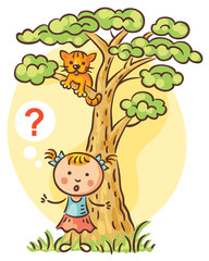 Little girl has lost her kitten, which is on a tree above
