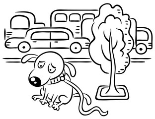 A dog is lost in a busy city street