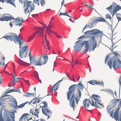 Tapeten Hibiskus Schöner botanischer Wiederholungshintergrund. Nahtloses mit Blumenmuster mit rosafarbenen Blumen des chinesischen Hibiskus. Grafik-Textur-Kunstdesign, für Textil, Stoff, Mode, Verpackung und Oberfläche.