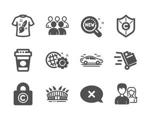 Set of Business icons, such as Reject, Group, Push cart, Seo gear, Copyright locker, Takeaway coffee, Car, Arena stadium, Teamwork, New products, T-shirt design, Copyright protection. Vector