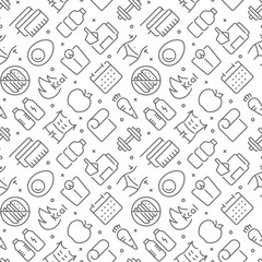 Fitness and diet related seamless pattern with outline icons