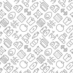 Fitness and diet related seamless pattern with outline icons