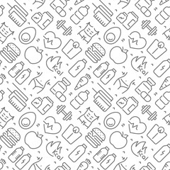 Fitness and diet related seamless pattern with outline icons