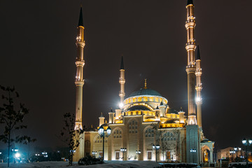 Fototapeta na wymiar Ahmad Kadyrov Mosque Heart of Chechnya at night Grozny, Chechnya, Russia
